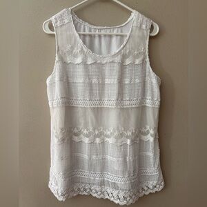 Womens Sleeveless Lace‎ Floral Crochet Embroidered Cottagecore Top Large White